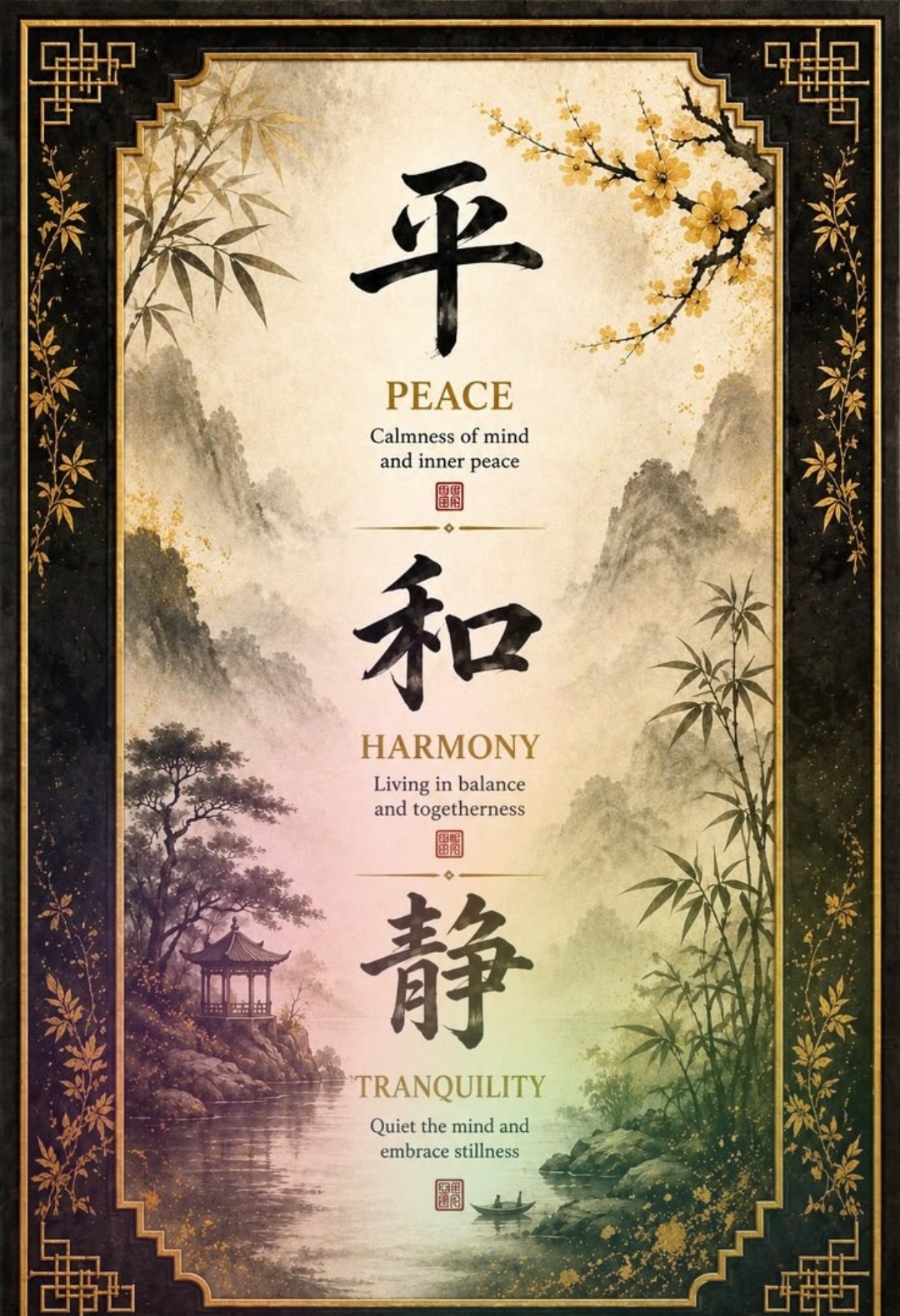 Chinese calligraphy art — Peace Harmony Tranquility — calmness of mind, living in balance, quiet the mind and embrace stillness
